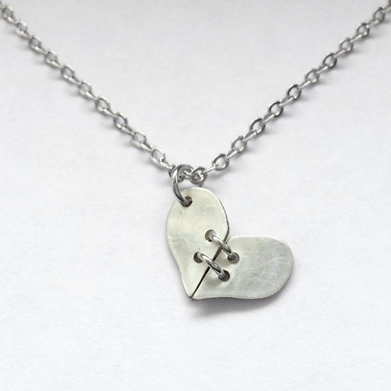 Broken Heart Pendant Tiny Silver Stitched Heart by FioreJewellery