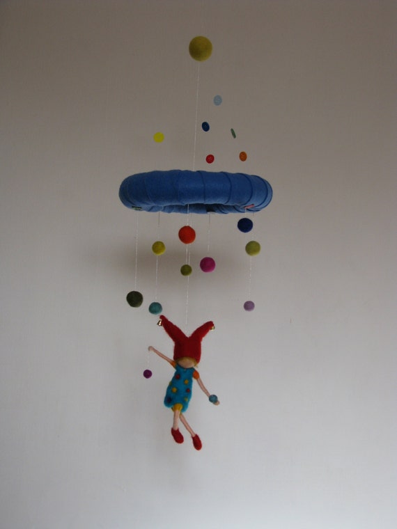 Waldorf inspired needle felted mobile - happy gnome juggler