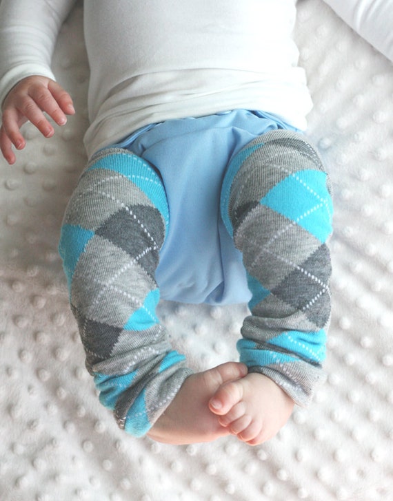 Baby Leg Warmers Boy Baby blue on grey argyle by ScarlettBabyCA