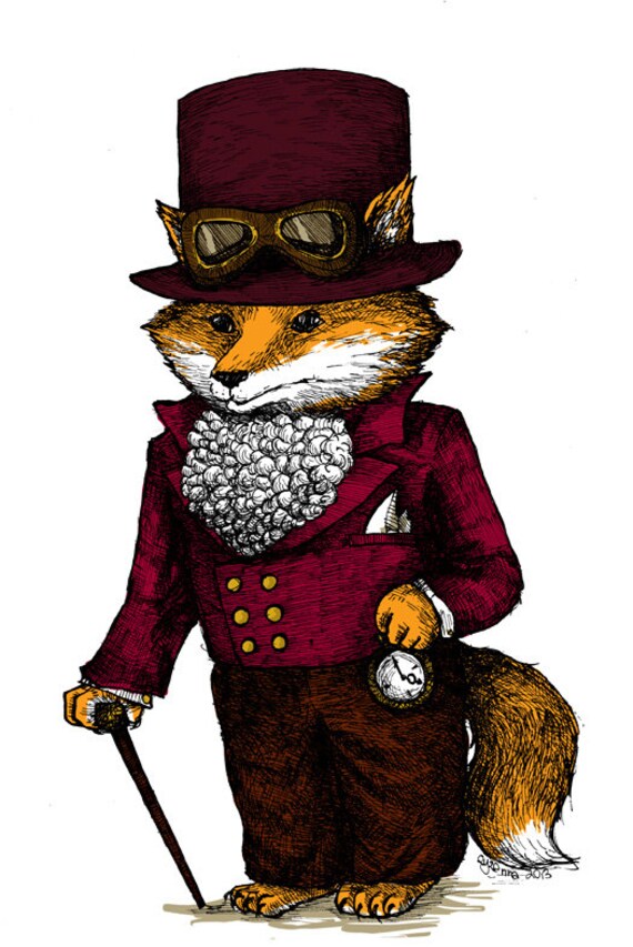 Items similar to Steampunk Fox Art Print, top hat, nursery print brown