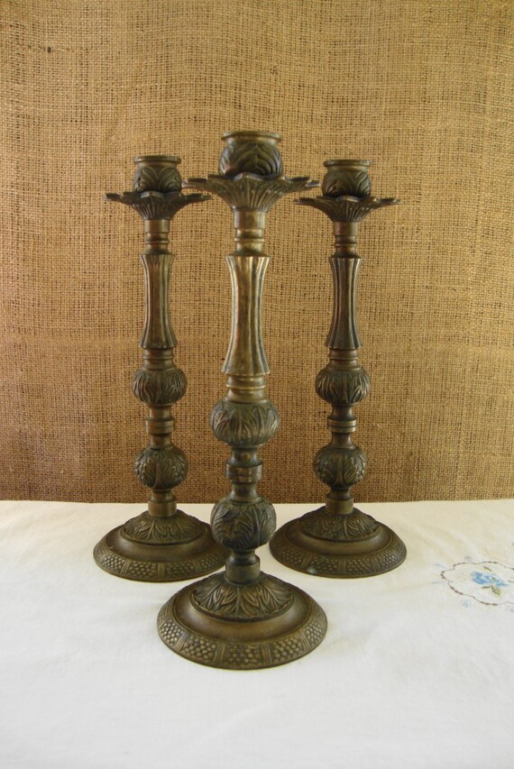 MID CENTURY Flower & Vine Brass Candle Taper Holder Set of 3