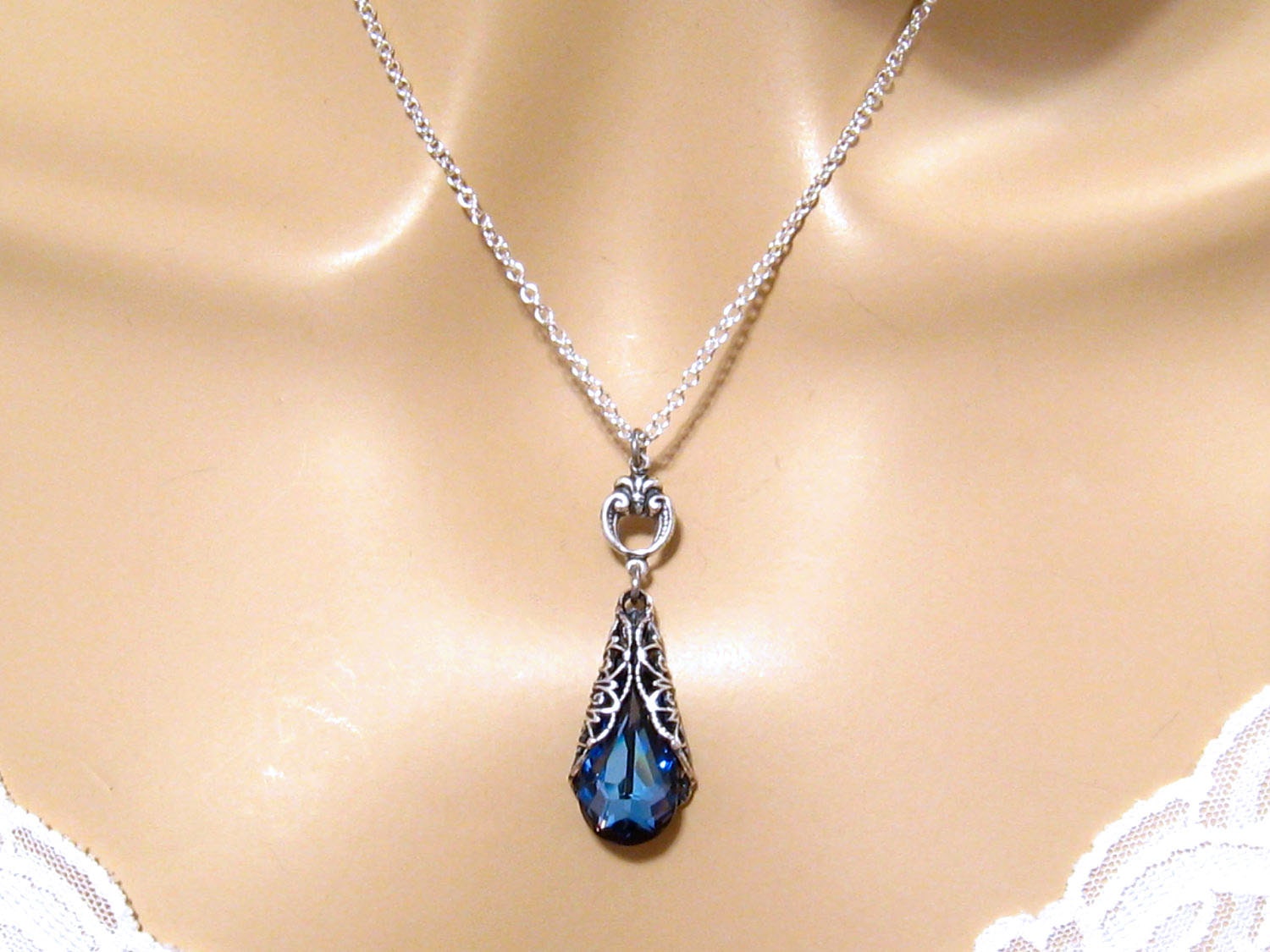 Dark Blue Crystal Necklace: Romantic Victorian Swarovski