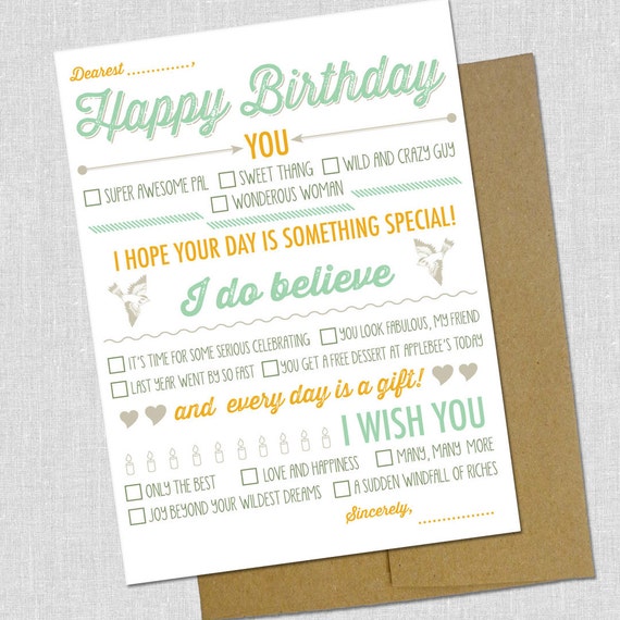 Items similar to Fill In the Blank Happy Birthday Card on Etsy
