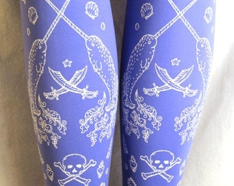 Blue Octopus Tights Pirate Printed Small Medium White on Cornflower Blue Women Nautical