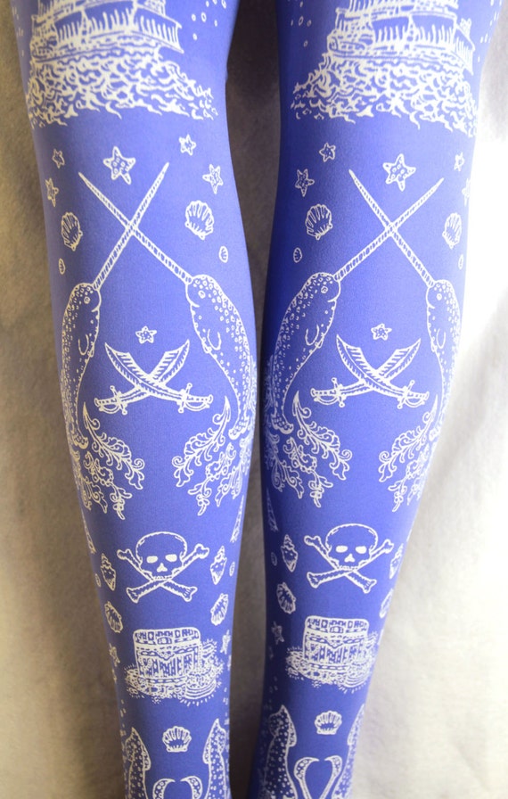 Blue Octopus Tights Pirate Printed Small Medium White on
