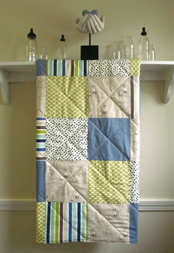 Baby Quilt Seaside Beach Babies Navy Blue Tan by FernLeslieBaby