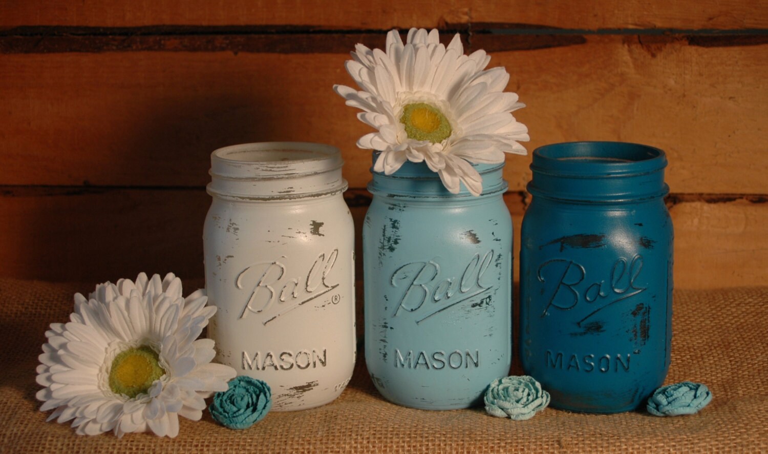 Ocean Blue Painted Mason Jar set table decor beach theme