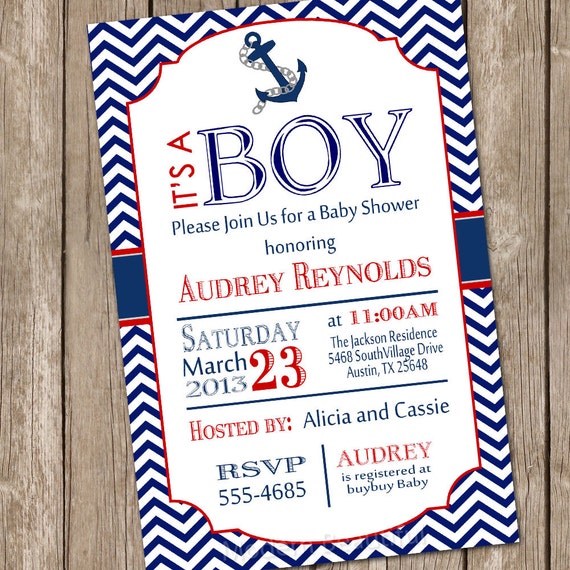 Chevron nautical baby shower invitation red blue anchor