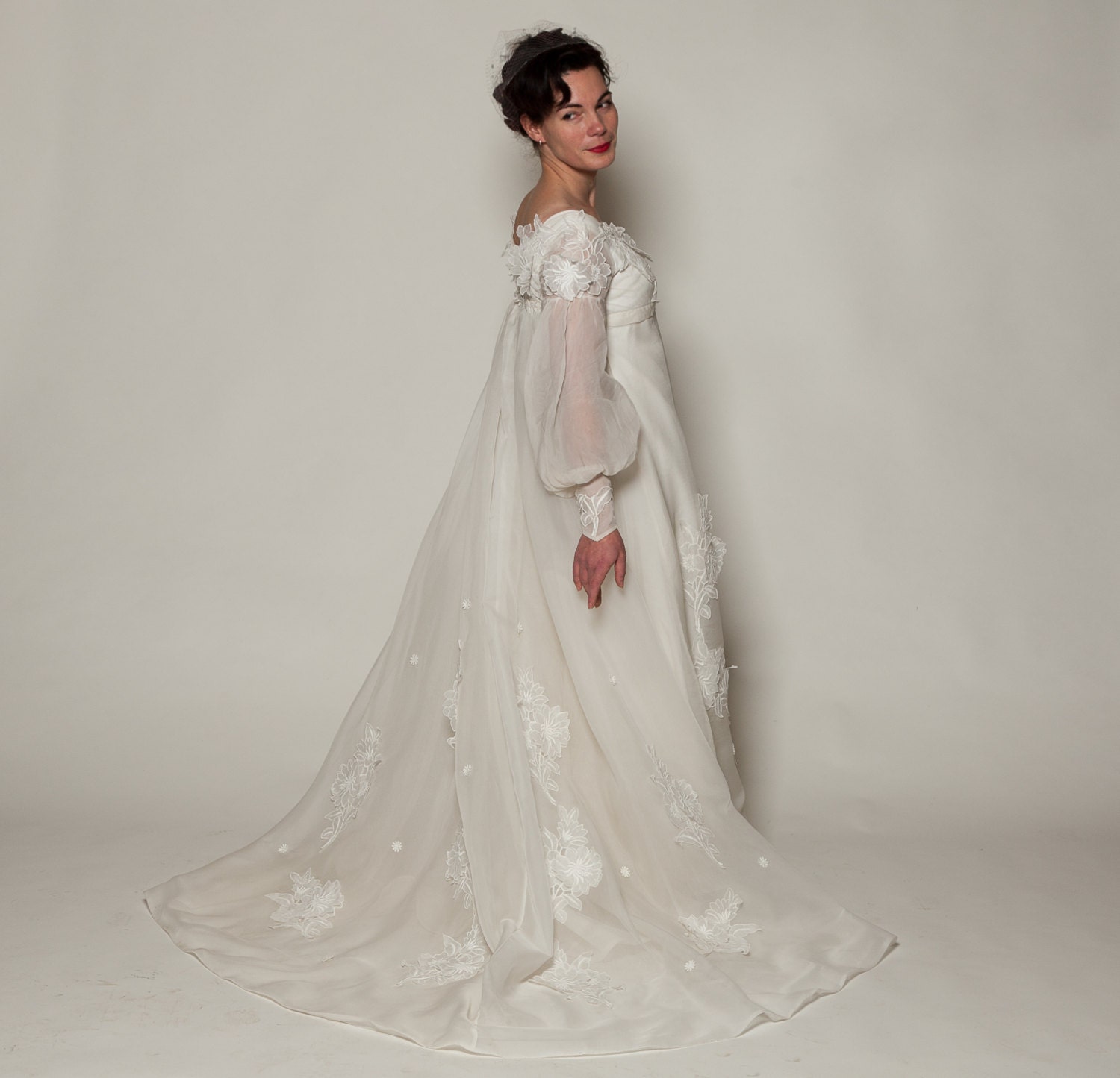 Vintage 1960s Wedding Dress Floral Applique Bridal Fashions
