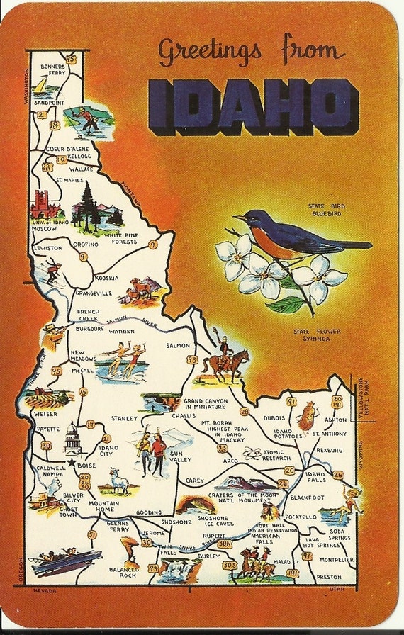 Vintage Postcard Greetings Idaho Map 1970s