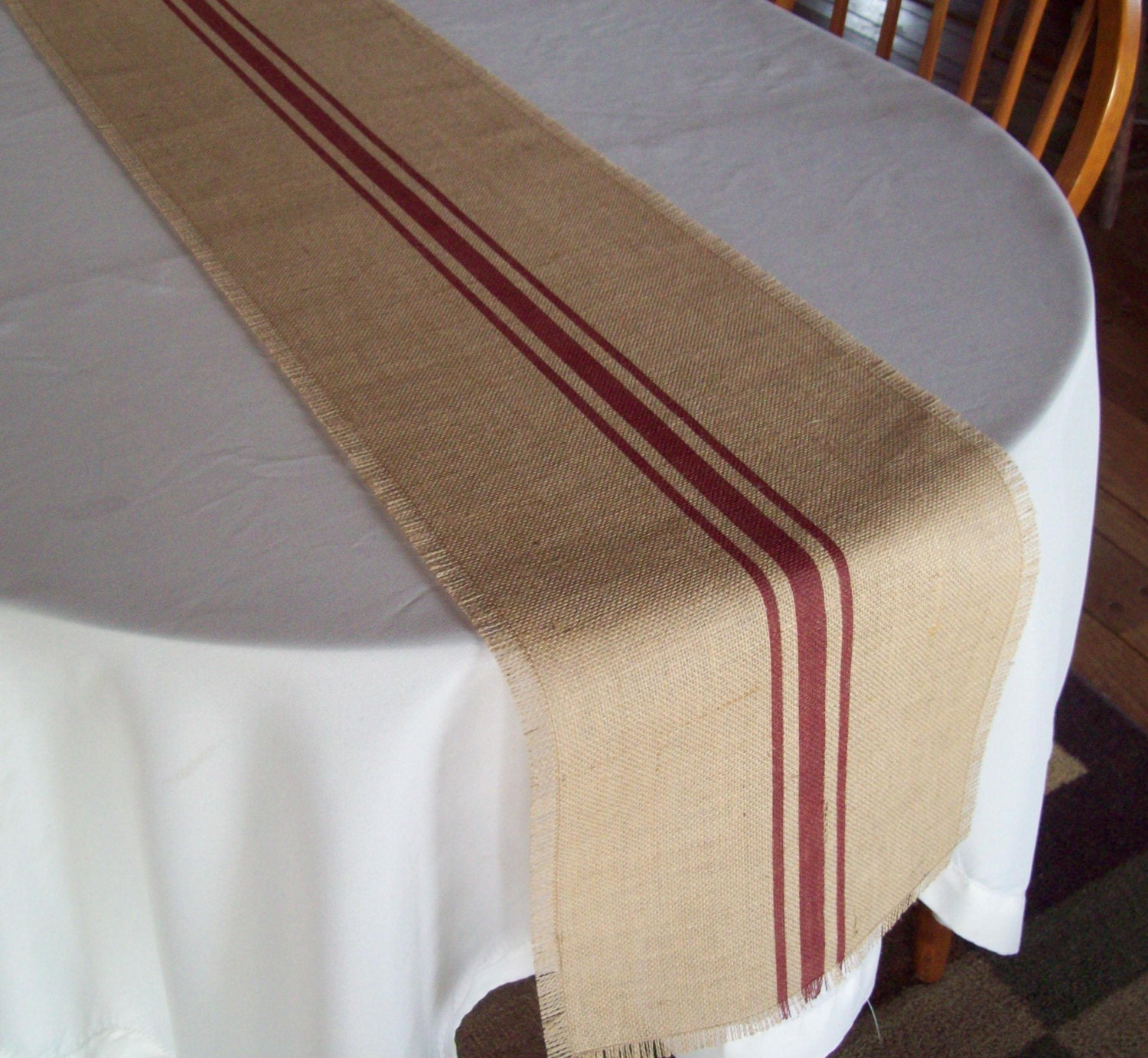 Grain Sack Table Runner with Barn Red Stripes 84 Inches Long