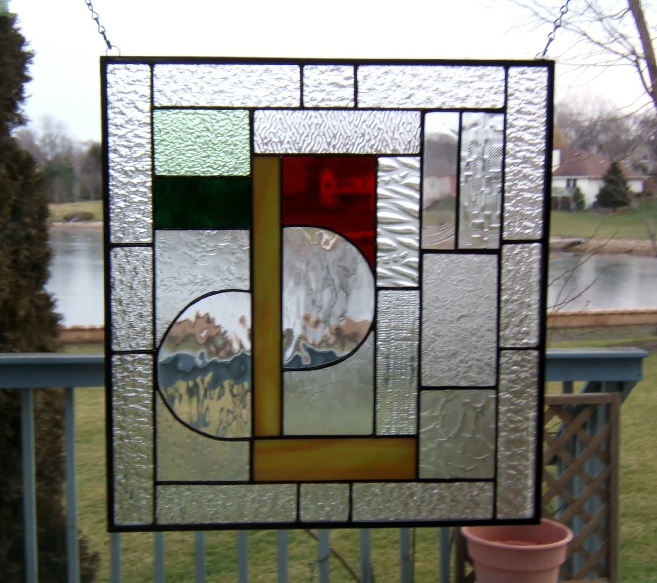 Clear stained glass window panel red geometric stained glass