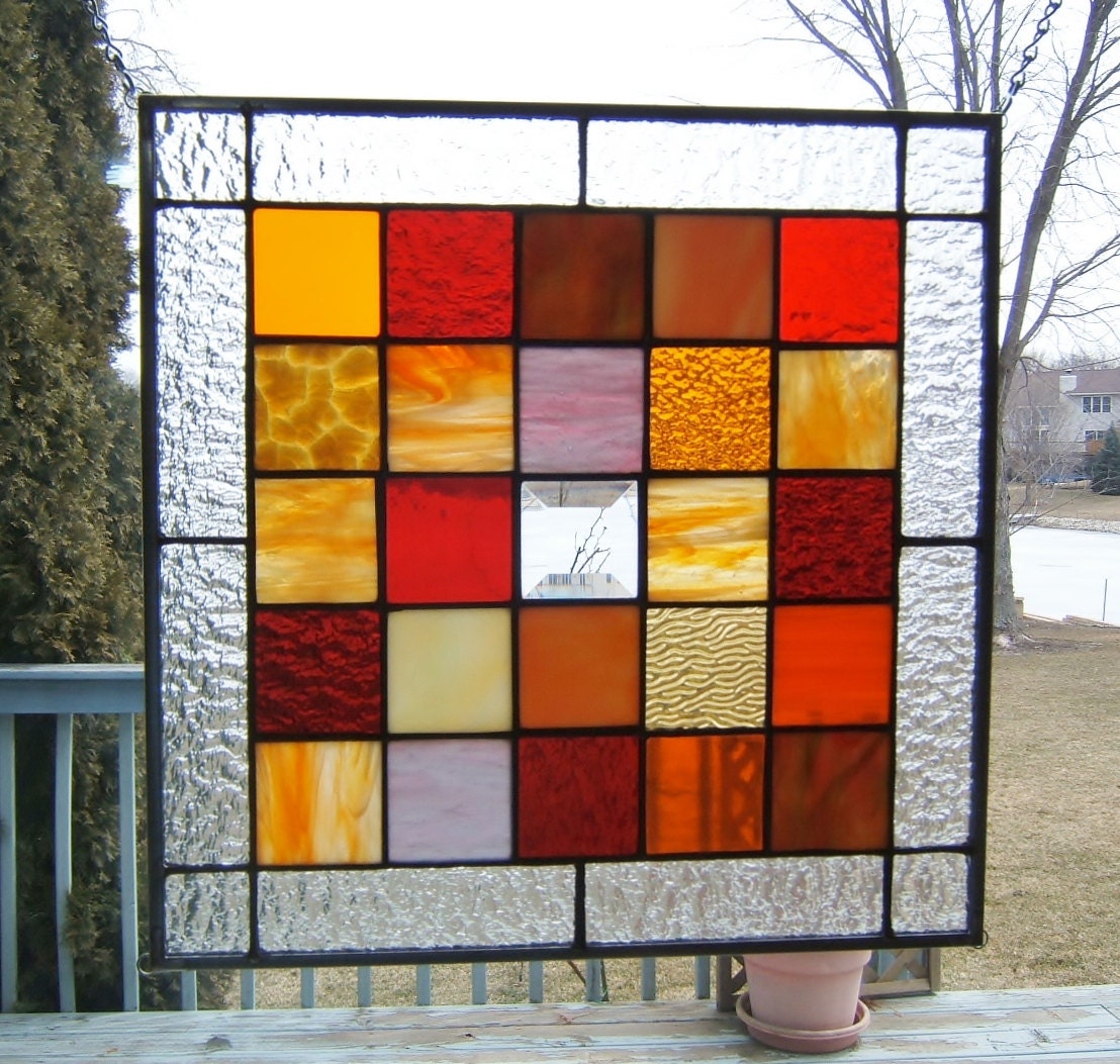 Orange red amber squared stained glass panel window geometric
