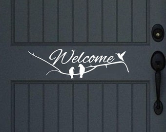 Welcome Door Decal, Welcome, Tree Branch and Birds, Vinyl Door Decal, Door Decal, Front Door Decor, Housewarming Gift, Wedding Gift 22296