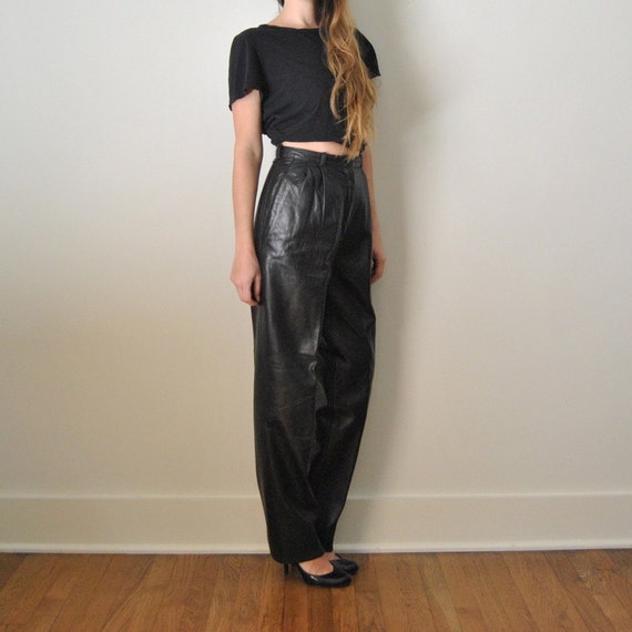 Items similar to High Waist Black Leather Pants // High Waisted Leather ...