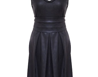 Little Black Dress, Black Leather Dress, Faux Leather Pleated Dress, Plus Size Dress, Black Party Dress, Designers Dress