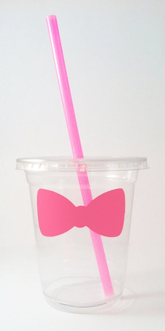24 Pink Bow Disposable Party Cups, Lids & Plastic Straws - Gender Reveal Party - Girls Birthday - 12 oz or 16 oz Il_570xn