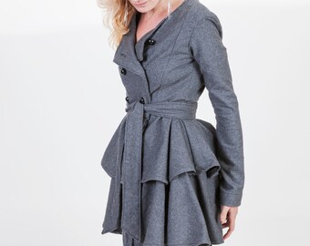 Gray Double Breasted Wool Ruffle Coat or Peplum Jacket with Belt