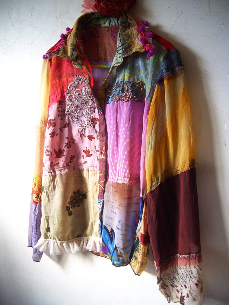 Upcycled Bohemian Hippie Patchwork Ethnic Sheer Blouse size