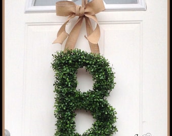 Personalized Gift,. Monogram Door Wreath - Wreaths - Boxwood Wreath - All Year Wreath - Door Wreath Letters A-Z Pick Ribbon Color