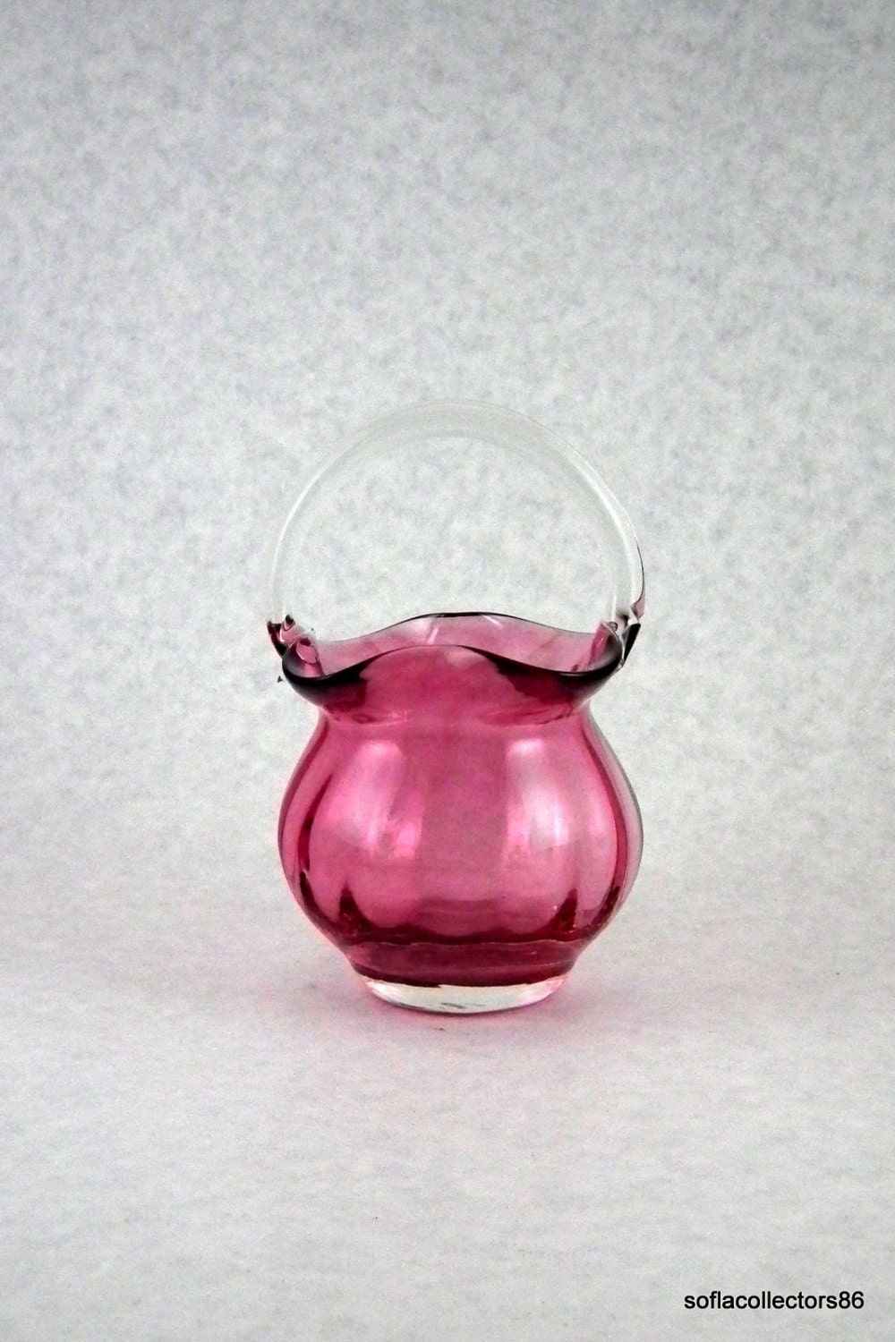 Pilgrim Glass Optic Cranberry Glass Basket Vintage 1970s