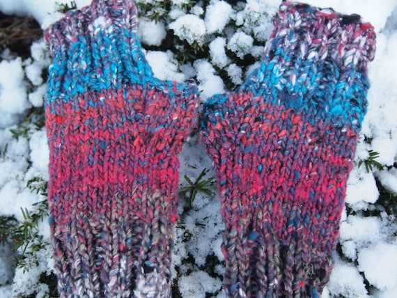 Hand Knit Fingerless Mitts Noro Kogarashi Silk/Wool