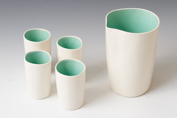 White and Turquoise Pottery Sake Pitcher / Ceramic Sake serving Set - Pottery Gift - Handmade - Ready to ship