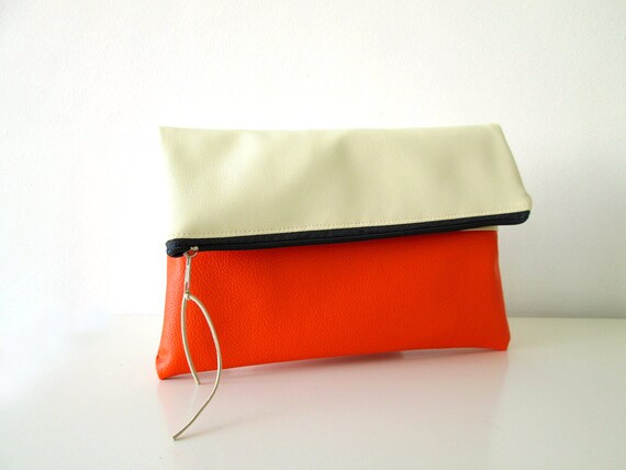 Clutch purse Foldover Color Block Cream and Orange