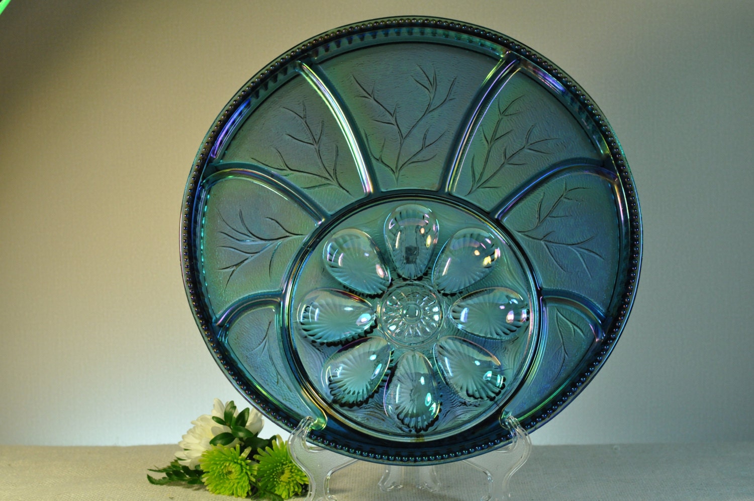 Blue Carnival Glass Vegetable & Deviled Egg Tray Plate Indiana
