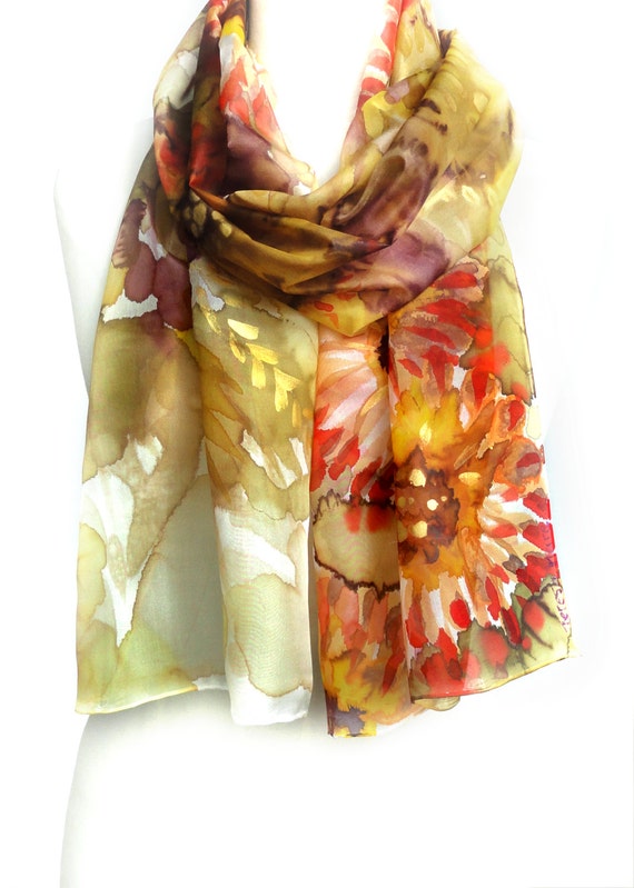 Women Scarf. Floral Shawl. Hand Painted Silk Scarf. Gift for
