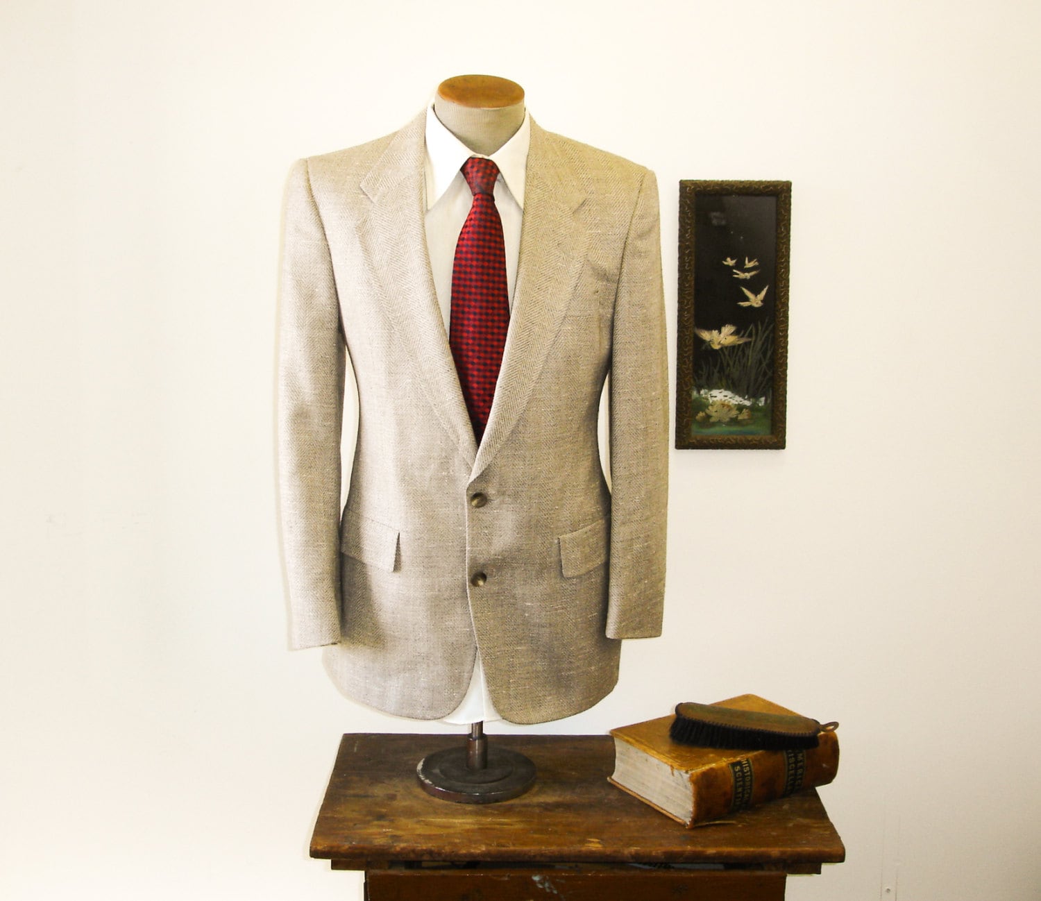 Vintage CHRISTIAN DIOR Suit Jacket Mens Champagne Herringbone