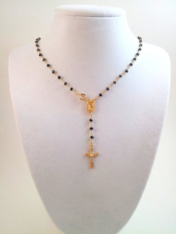 Black Spinel Rosary Necklace Gold Cross by divinitycollection