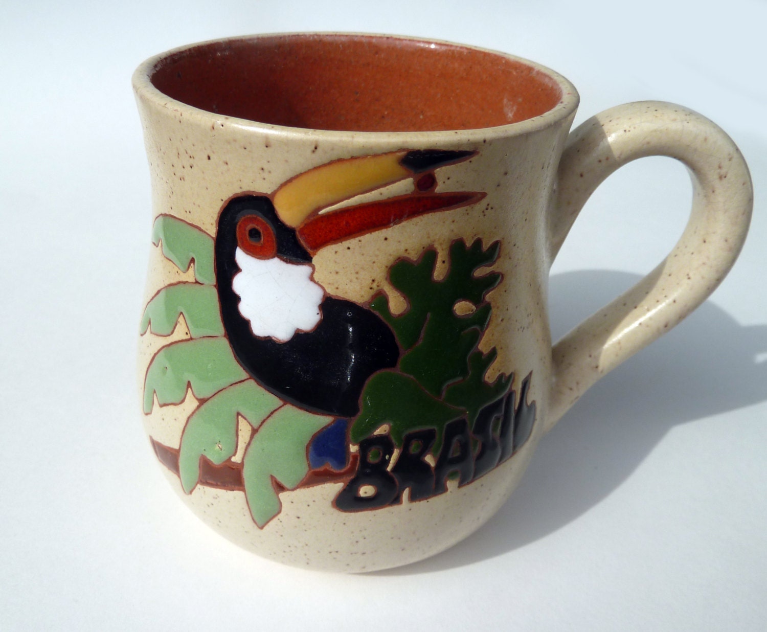 Clay Pottery Mug  TOUCAN BRAZIL  Hand Painted Tropical Jungle