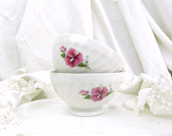 REDUCED TO CLEAR 2 Vintage French White Bone China Cafe au Lait Bowl, with a Sweet Pea Flower Motif / French Country Decor / Retro Vintage