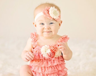 Petti Romper Headband SET, Coral Peach Lace romper & baby headband, hair bow, outfit, pettiromper girl