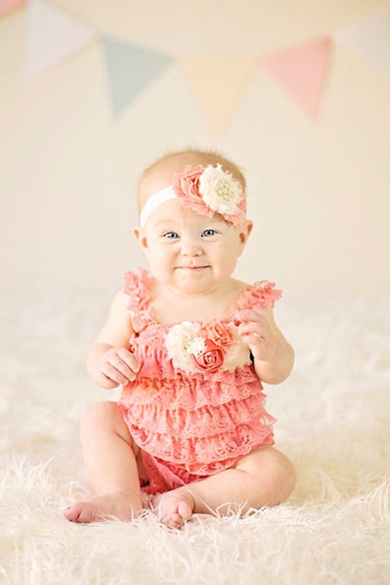 Petti Romper Headband SET,  Coral Peach Lace romper & baby headband, hair bow, outfit, pettiromper girl