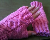 Handknit Fingerless Mitts in Pink Wool - Hugs & Kisses Cable - Romantic - Made-to-Order