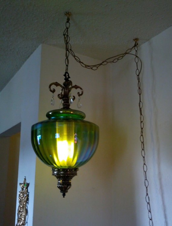 Vintage Green Glass Swag Lamp with Crystals Hanging Lamp