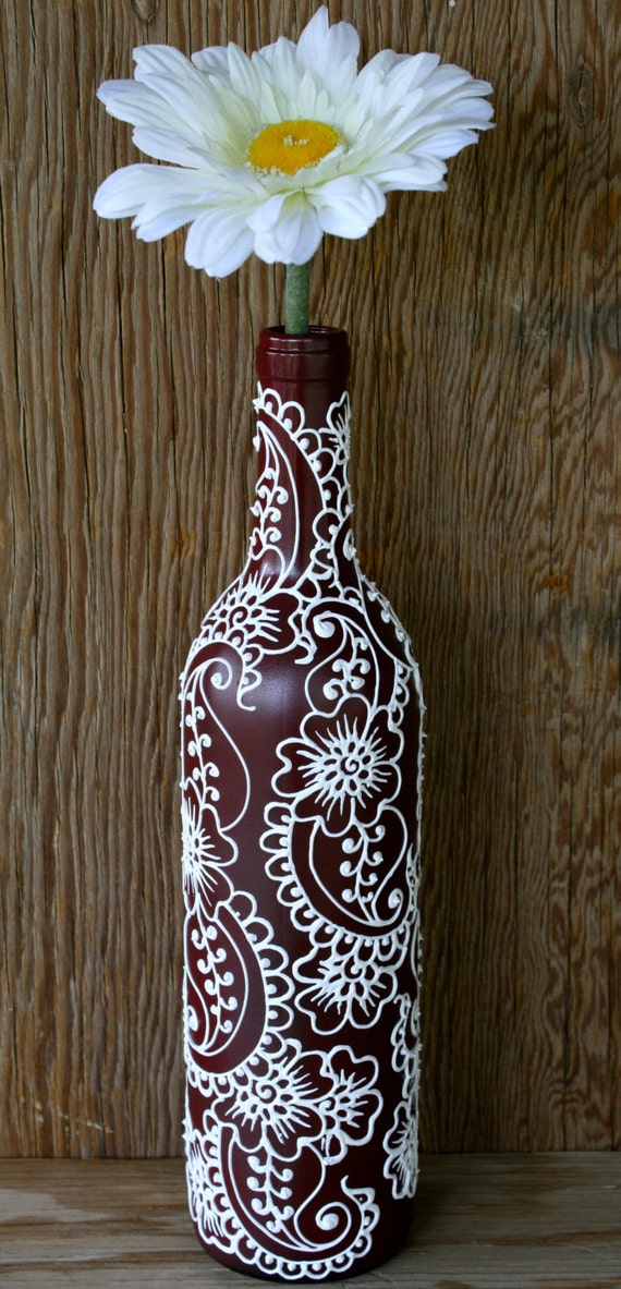 Wine bottle Vase, Henna Influenced Design, Burgundy/Maroon Wine Bottle with white accents