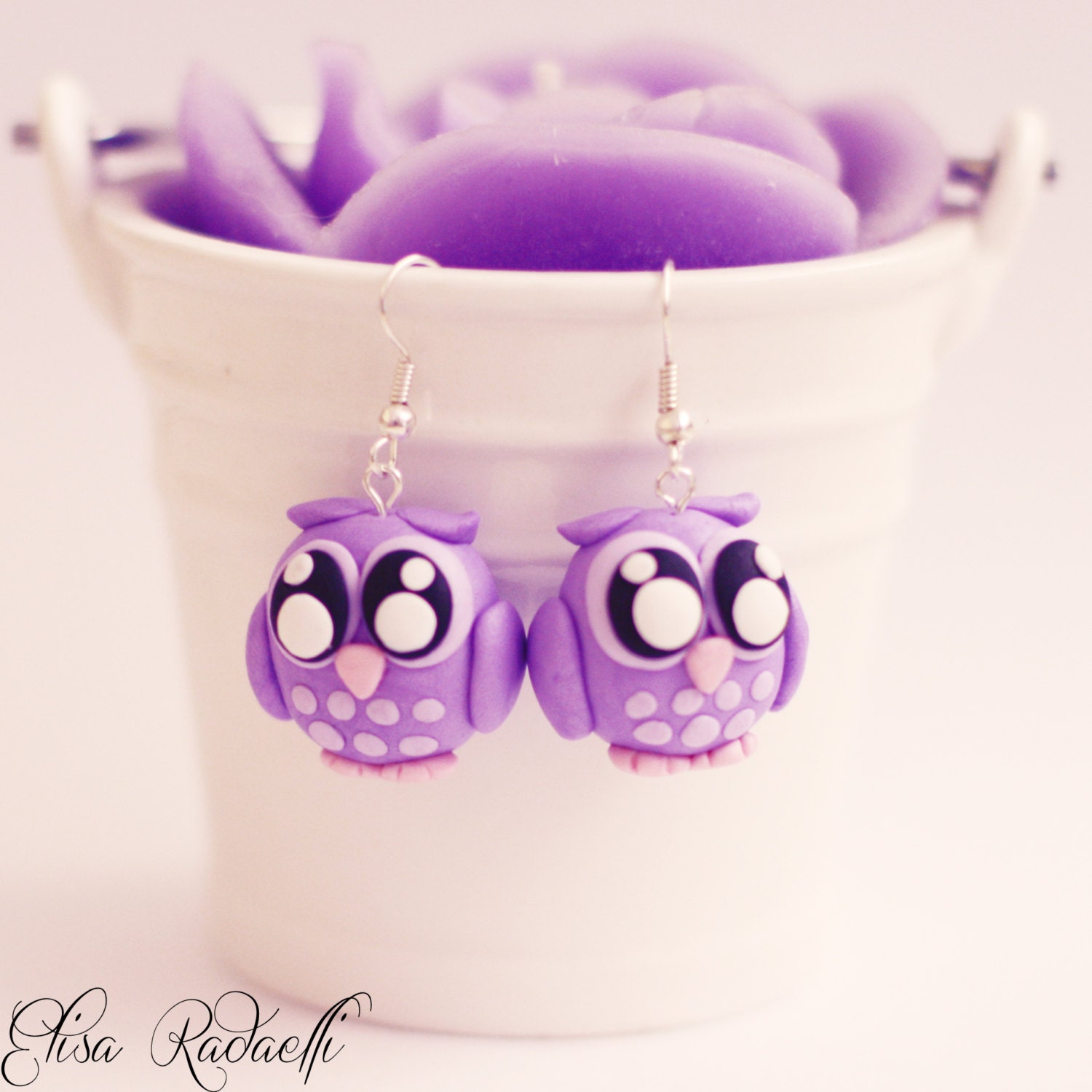 purple owl earrings polymer clay handmade