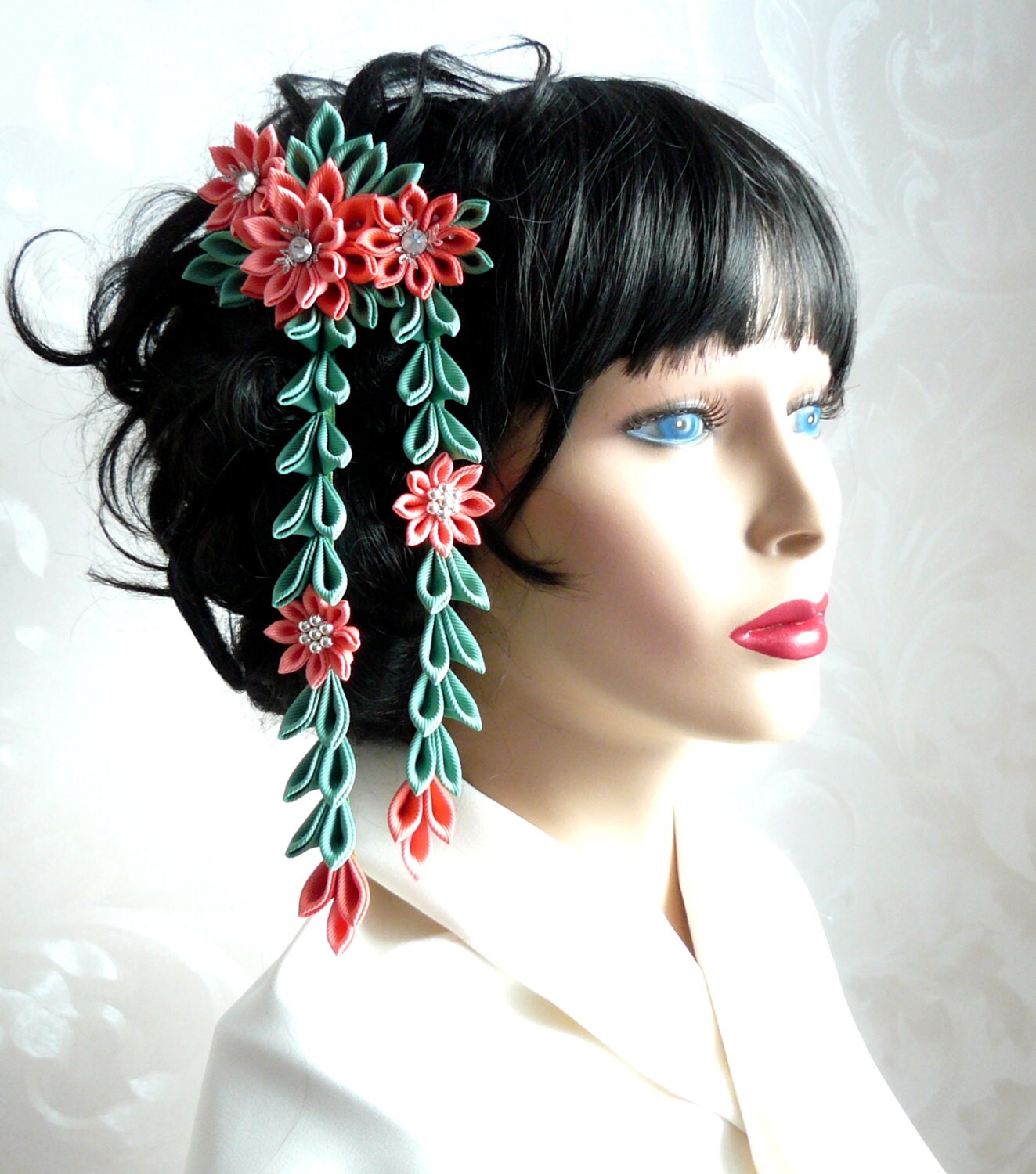 Kanzashi Fabric Flower hair comb with falls.