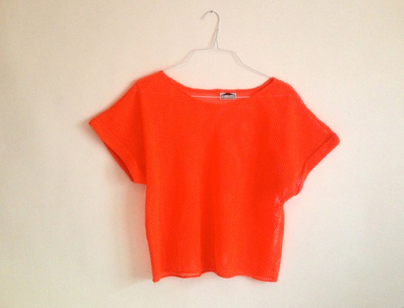 80s 90s Mesh Fishnet Bright Neon Orange T-Shirt / Beach Cover
