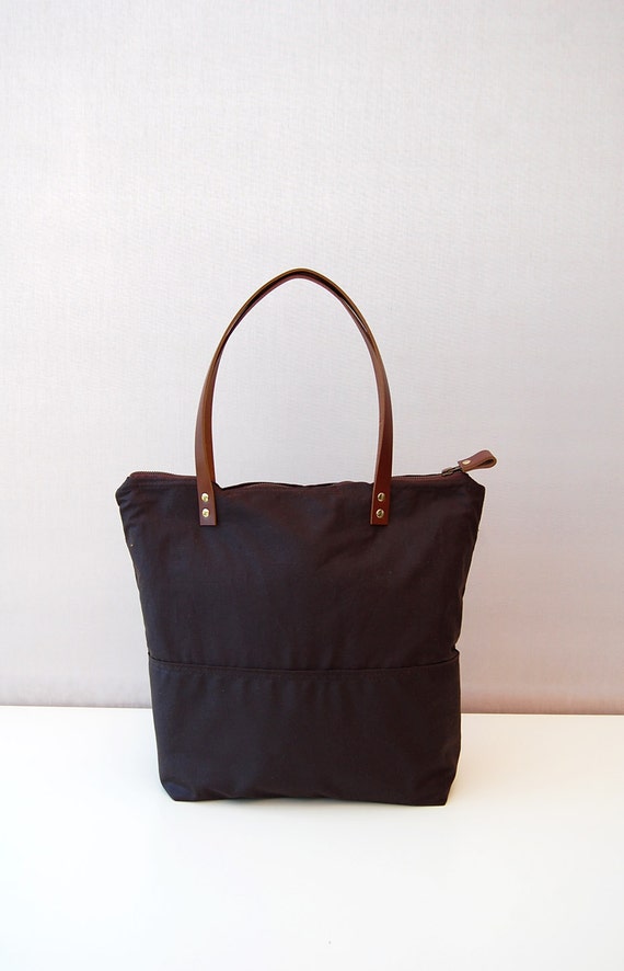 Brown Black Waxed canvas tote bag with zipper and leather straps