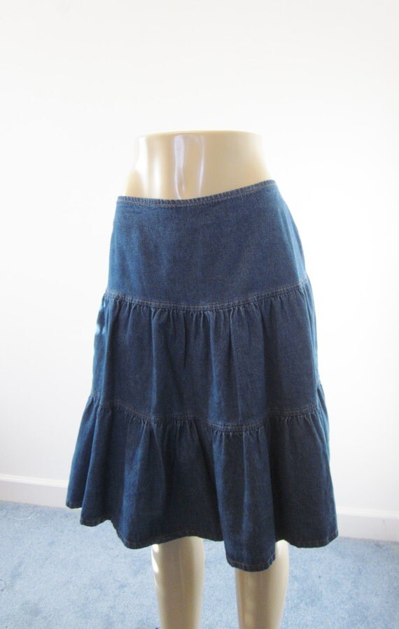 Vintage Tiered Denim Skirt Low Waist Flared Square Dance