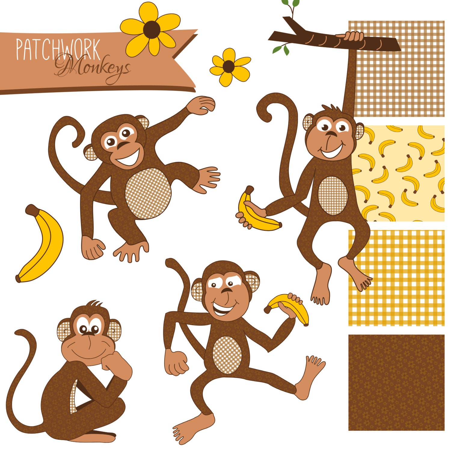 CLIP ART: Cute Monkeys Pack // Unique Hand Drawn Monkeys