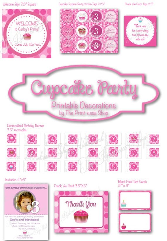 Cupcake Birthday Party Printable Decoration Pack Personalized, Custom in PDF Format, Pink and Purple Il_570xn