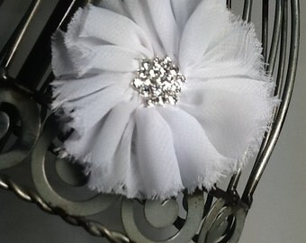 White hair flower, white flower hair clip, shabby chic hair clip with rhinestone accents, white flower hair accessory, frayed flower