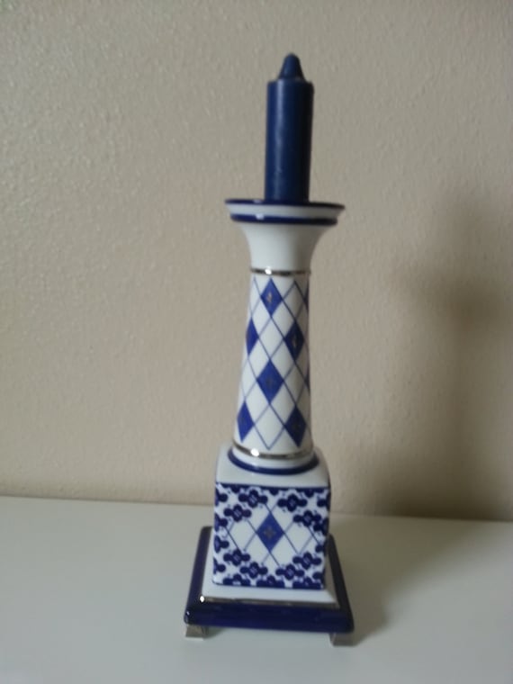 Vintage Ceramic Blue and White Candle Holder