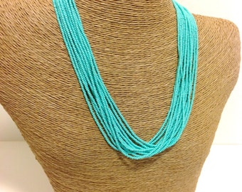 turquoise necklace,seed bead necklace,teal necklace,statement necklace,boho,multistrand,beaded necklace,aqua necklace,sea blue,gift idea
