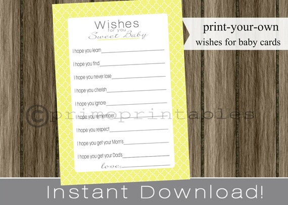 Baby Shower Wishes for Baby cards yellow girl or boy INSTANT DOWNLOAD printable file print your own , babyshower, baby shower idea Il_570xn